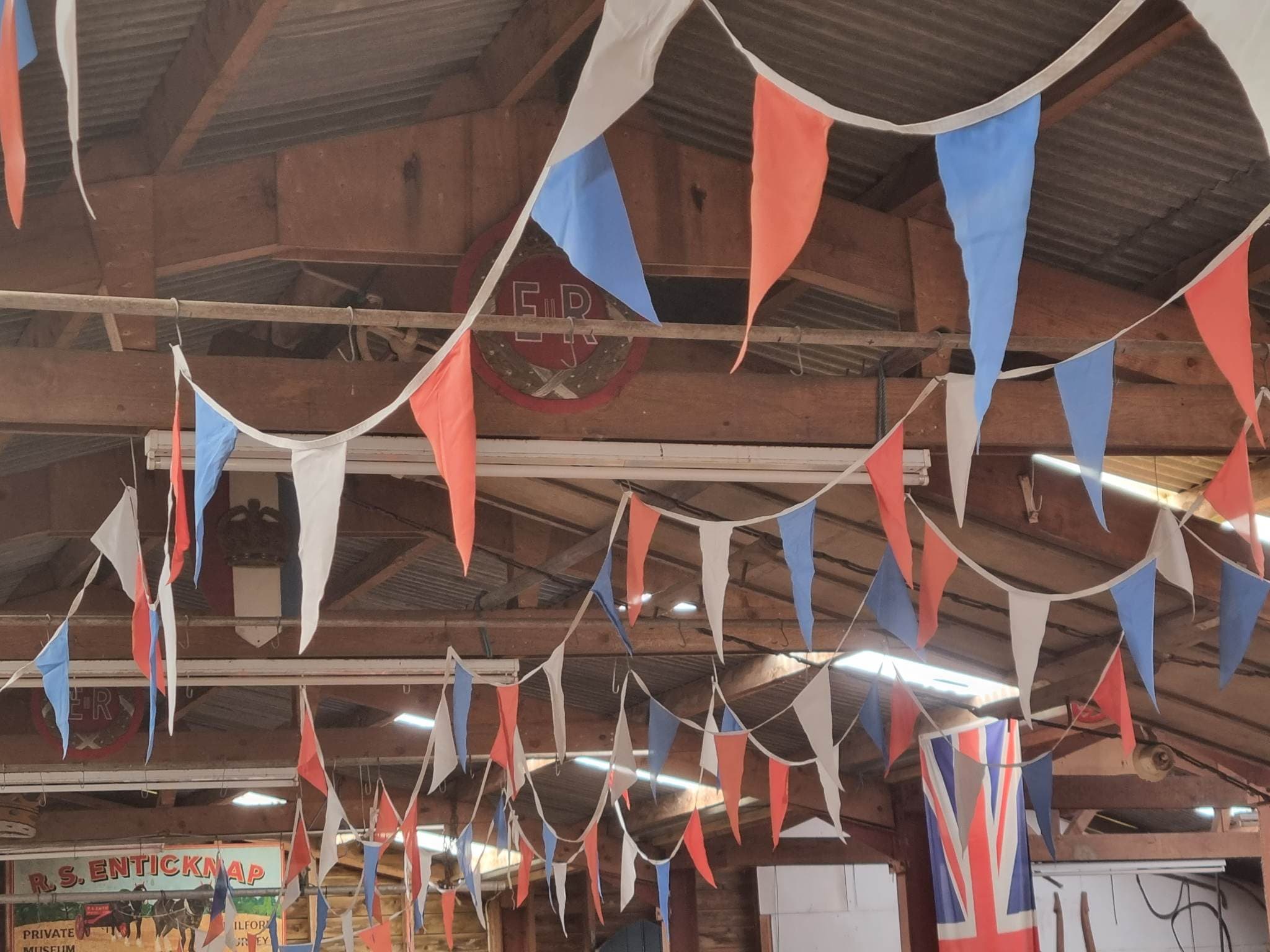 The roof inside the Frensham Building decorated for a party.