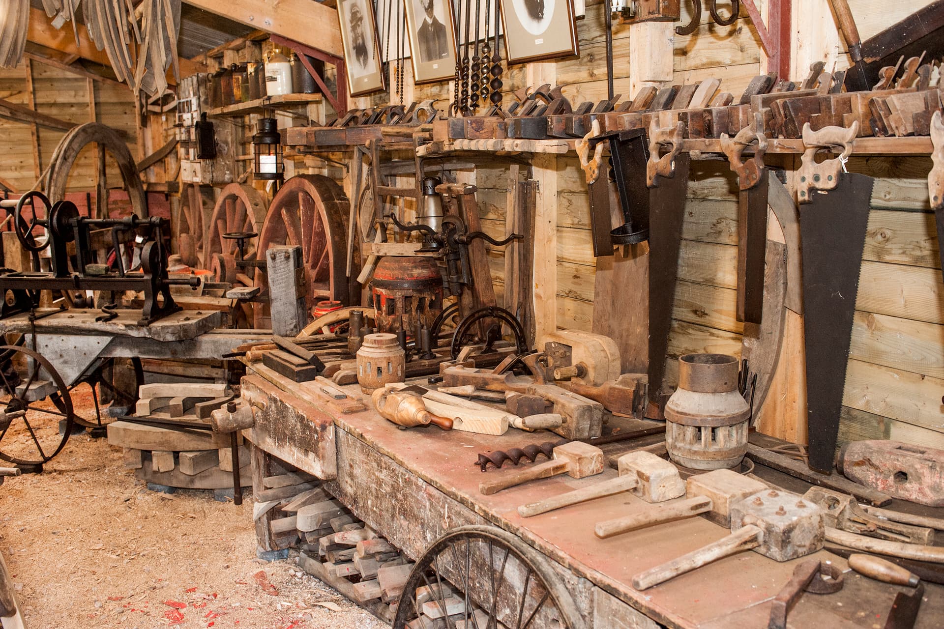 The Wheelwright Shop at the Rural Life Living Museum, full of tools and equipment.